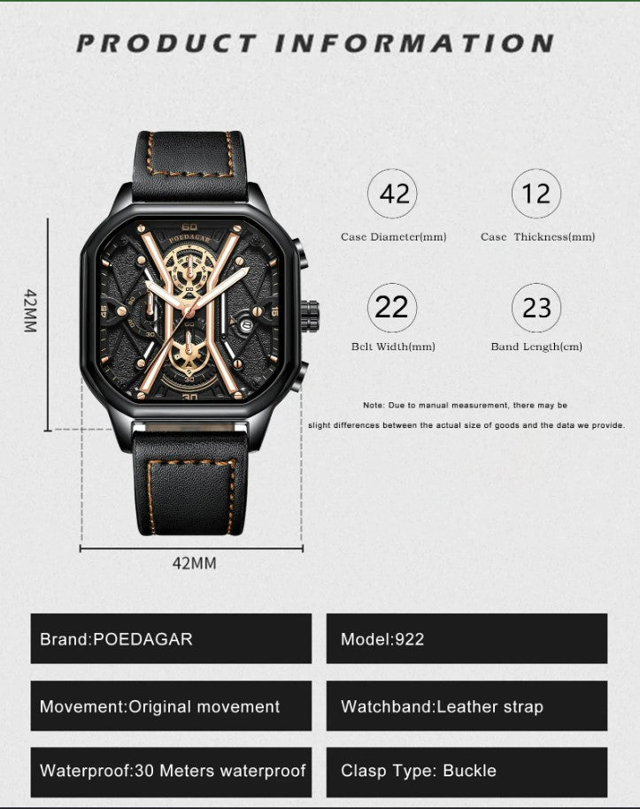 POEDAGAR Luxury Wristwatches Chronograph Leather Quartz Men's Watches - Silver