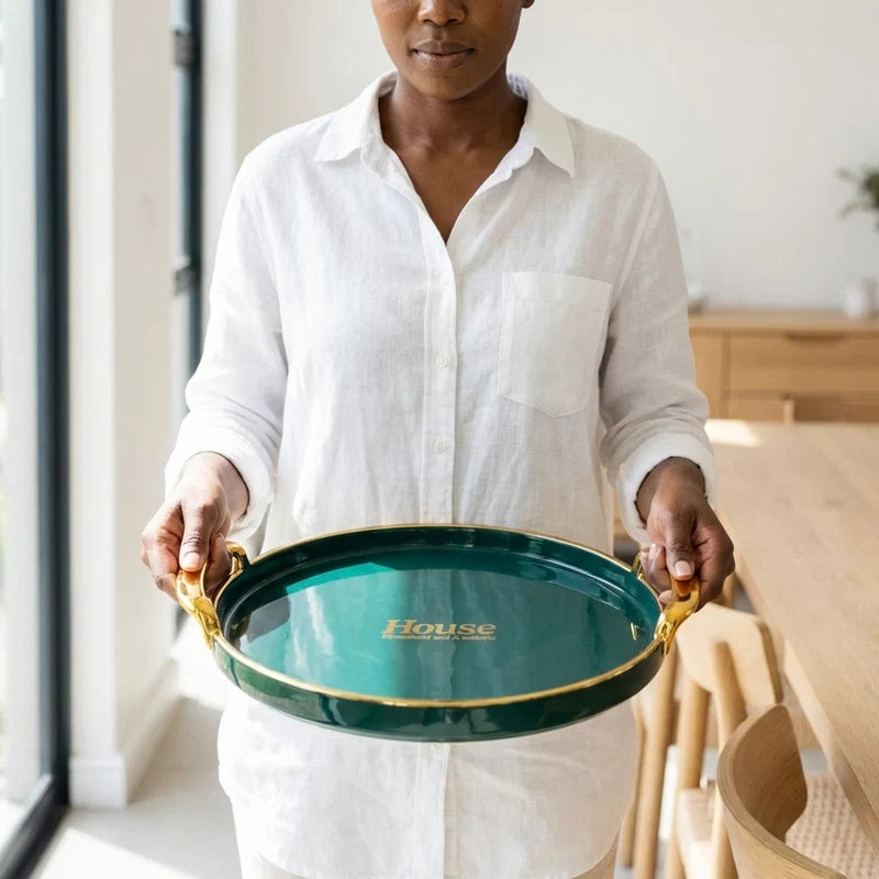 3-in-1 Round Serving Tray Set with Gold Handles for Parties