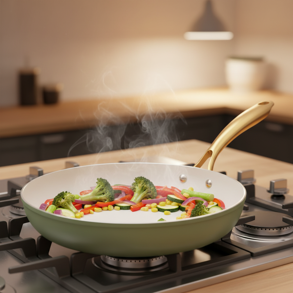 Close-up of sage green frying pan with gold handle and vegetables sautéing inside