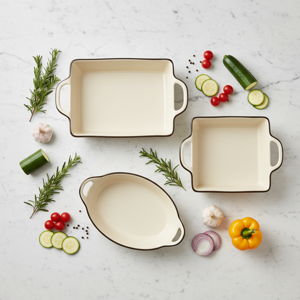 Overhead flat lay of cream fluted bakeware set on white marble with vegetables and rosemary