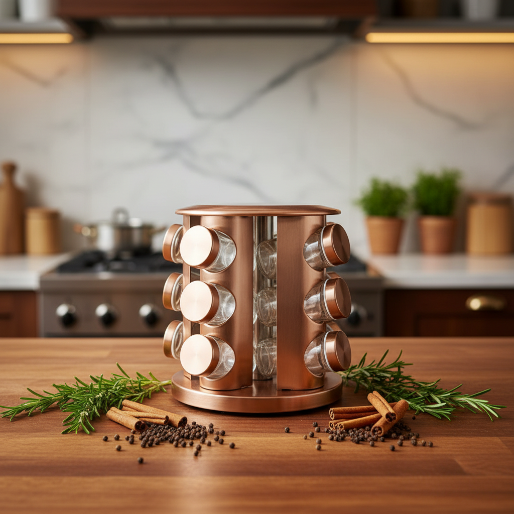 Rose gold rotating spice rack with glass jars on warm wooden countertop