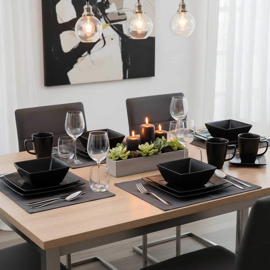 16-Piece Square Dinner Set styled on modern dining table