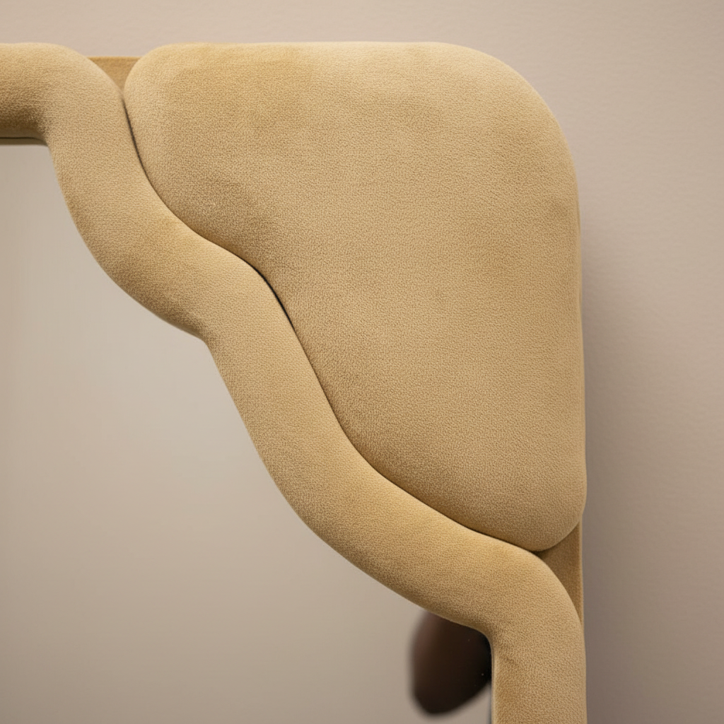 Close-up detail of wavy cream velvet mirror frame showing soft upholstered texture