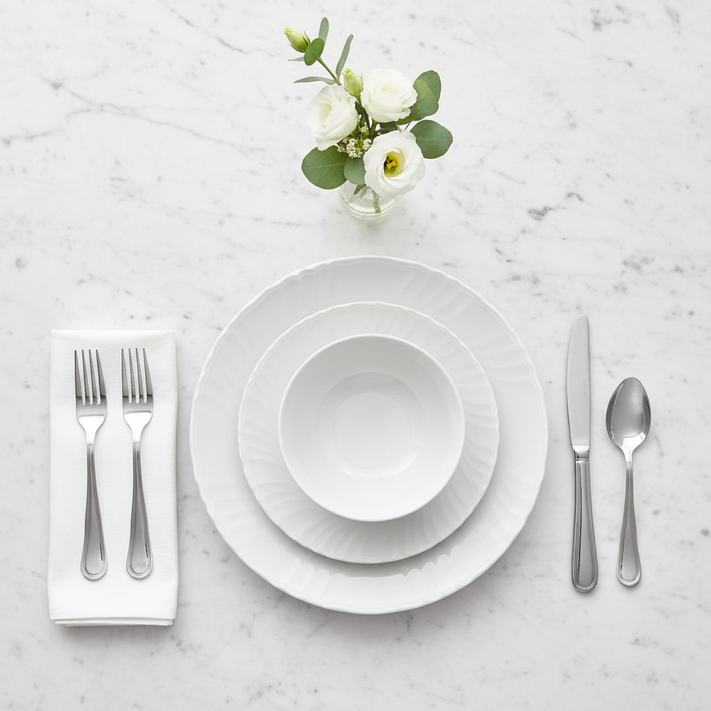 Overhead flat lay of Danny Home Classic white scalloped place setting on marble