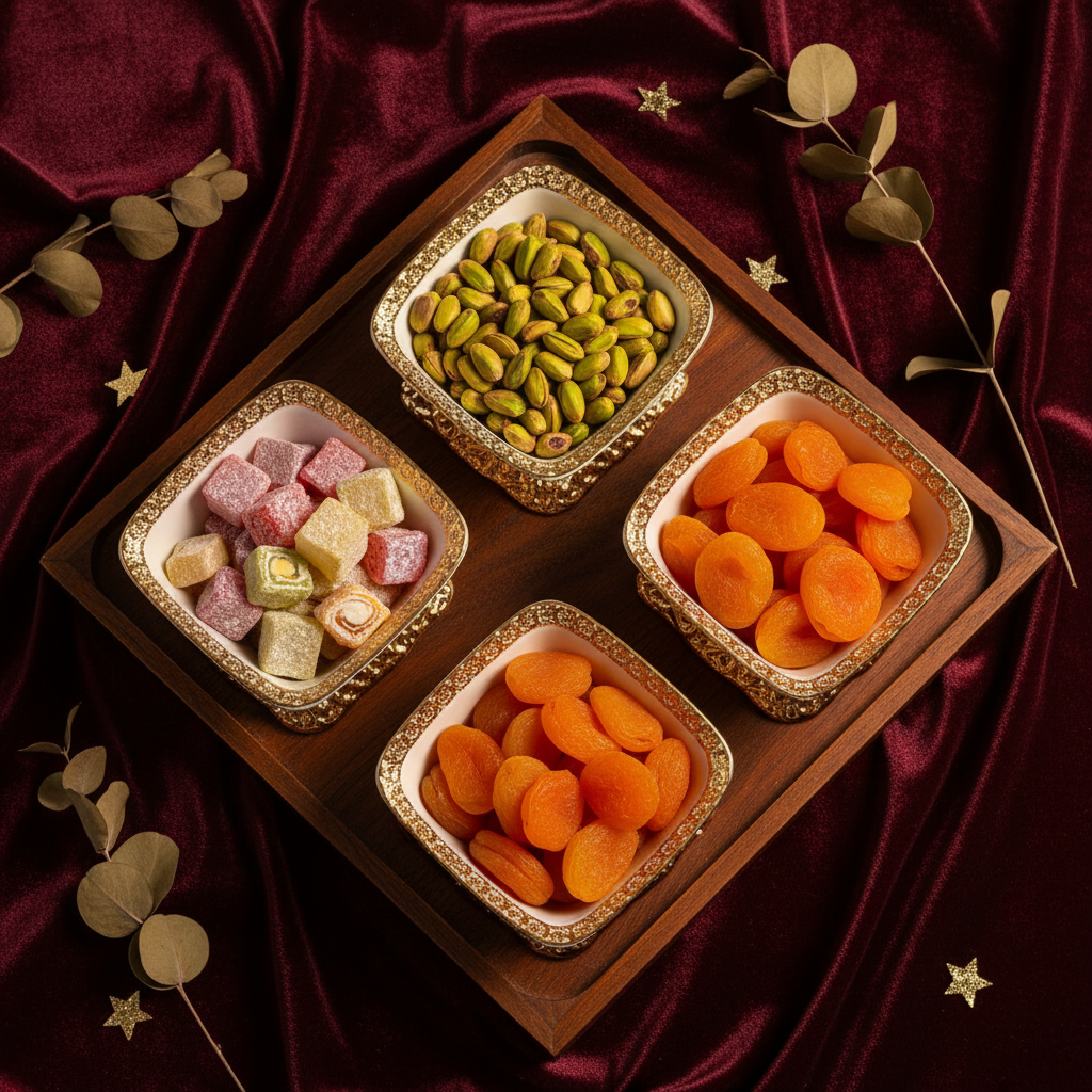 Overhead shot of gilt bowl set with Turkish delight and pistachios on dark velvet