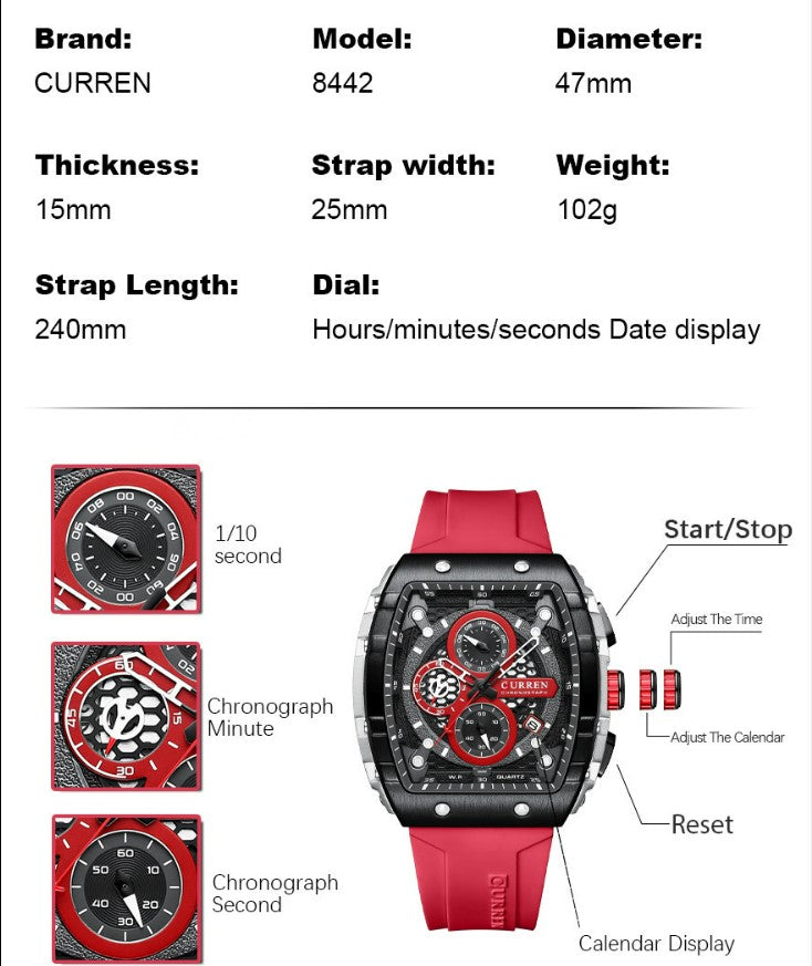 CURREN 8442 Men's Waterproof Six Needle Quartz  Multifunctional Watch Men's Watch - Blue