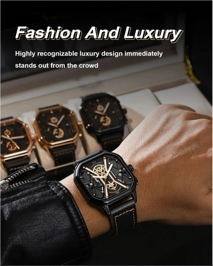 POEDAGAR Luxury Wristwatches Chronograph Leather Quartz Men's Watches - Black Gold