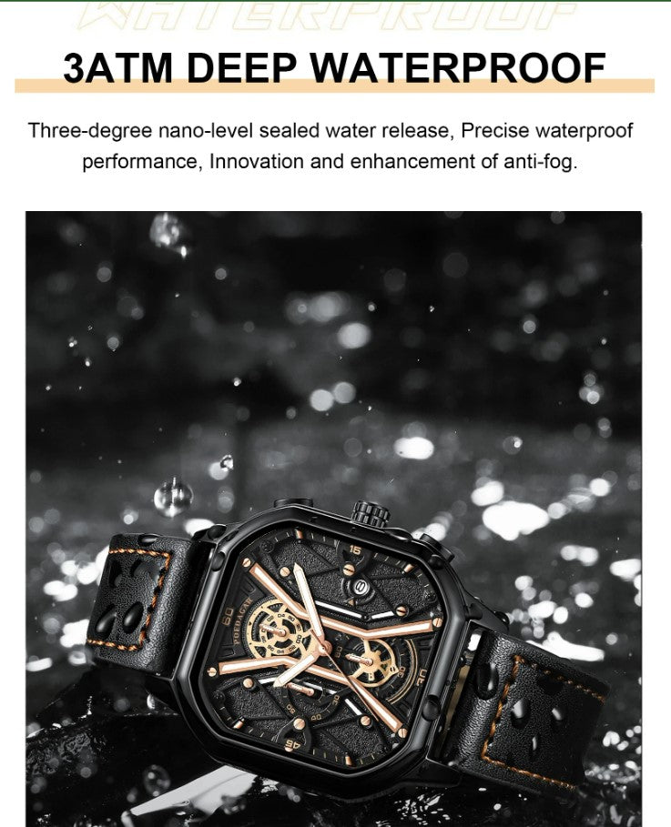 POEDAGAR Luxury Wristwatches Chronograph Leather Quartz Men's Watches - Black Silver
