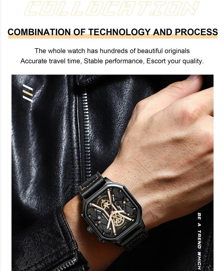 POEDAGAR Luxury Wristwatches Chronograph Leather Quartz Men's Watches - Silver Black