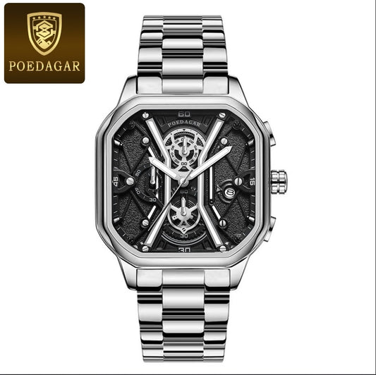 POEDAGAR Chronograph Mens Watch Leather Strap | Leather Strap - Silver | Zamiya South Africa