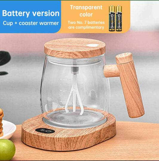 Self Stirring Coffee Cup Electric Stirring Glass Mug Mapple Grain Transparent with Coaster Warmer