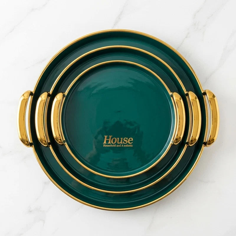 3-in-1 Round Serving Tray Set with Gold Handles for Parties