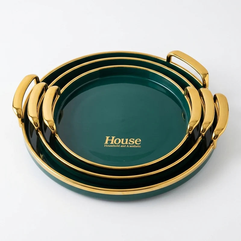 3-in-1 Round Serving Tray Set with Gold Handles for Parties