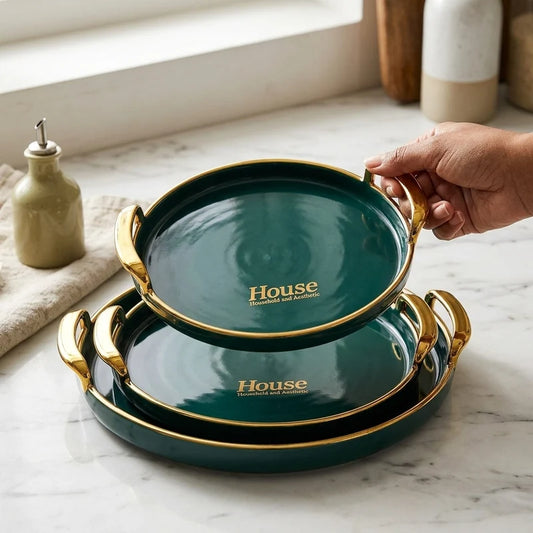 3-in-1 Round Serving Tray Set with Gold Handles for Parties