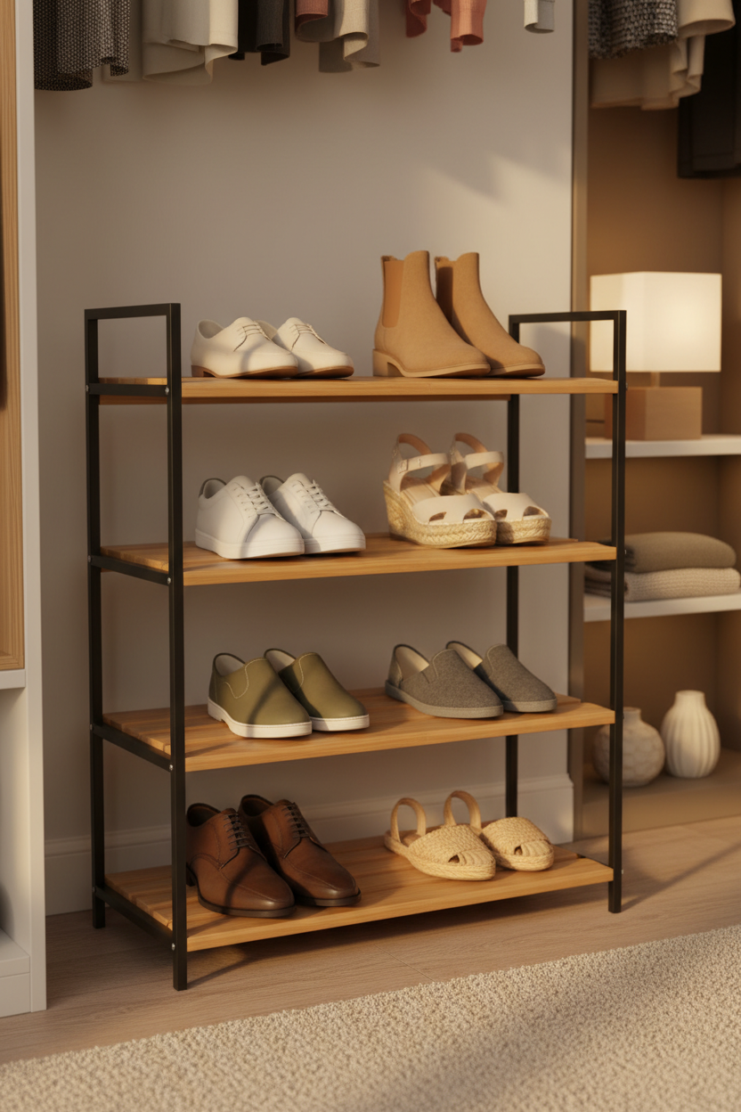 Bamboo shoe rack with neatly paired shoes in bedroom closet corner