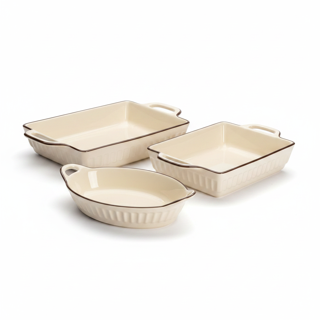 All 3 pieces of cream fluted ceramic bakeware set hero studio shot on white background