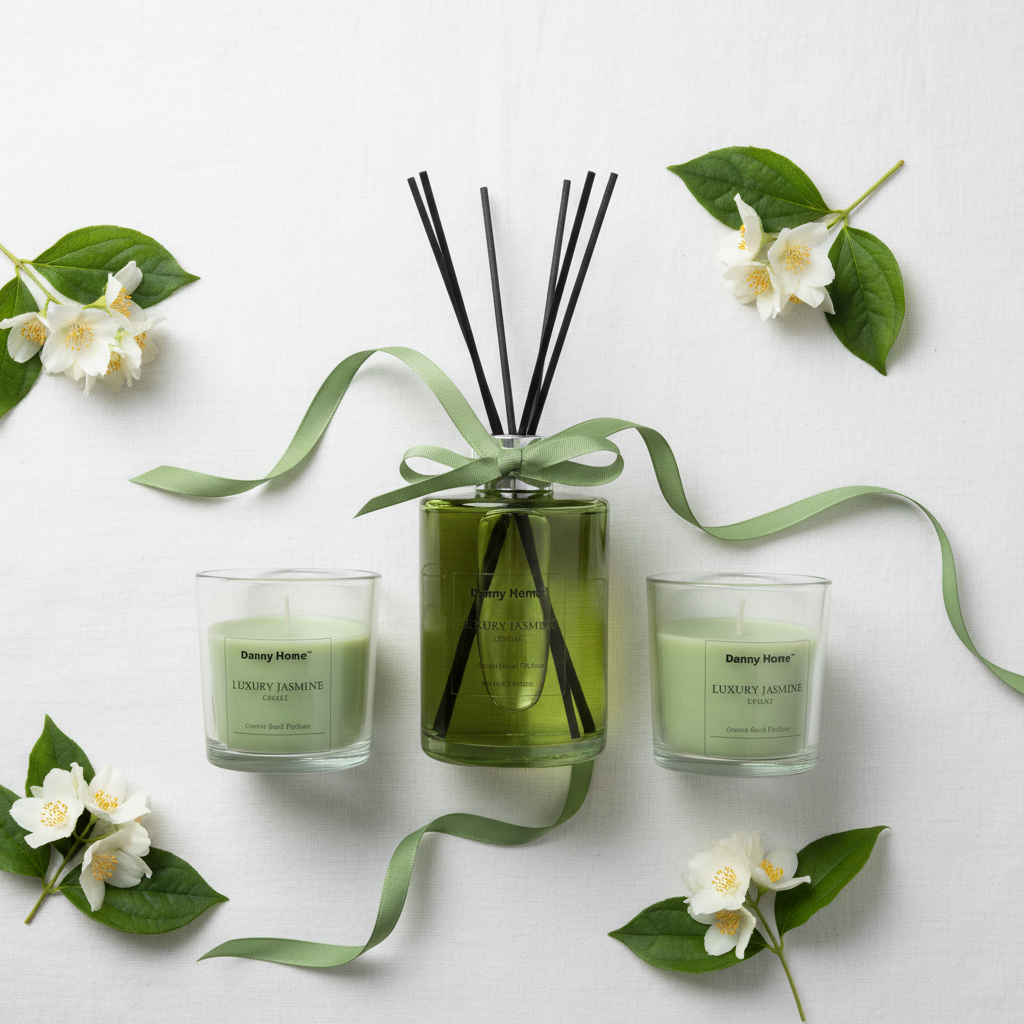 Overhead flat lay of Danny Home Luxury Jasmine candles and reed diffuser on white linen with jasmine flowers