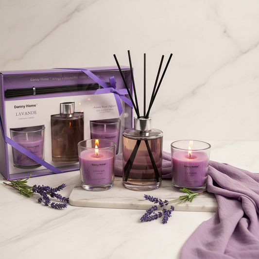 Danny Home Lavande luxury candle and diffuser gift set in purple ribbon box on marble with lavender