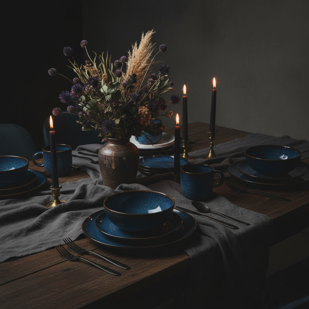 Homezaza midnight blue dinnerware set on moody dining table with candles and dark linen