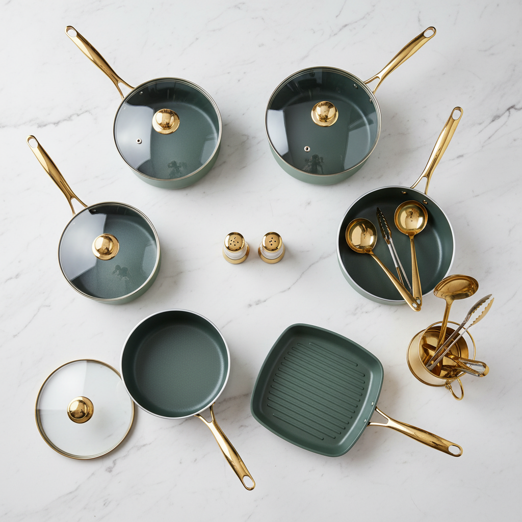 Overhead flat lay of complete sage green and gold 12-piece cookware set on marble