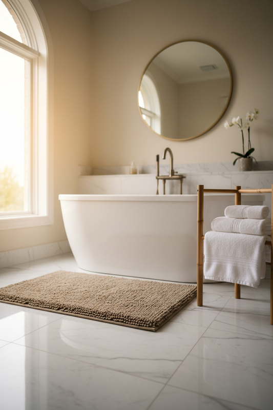 Beige plush bath mat in front of freestanding bathtub on marble floor