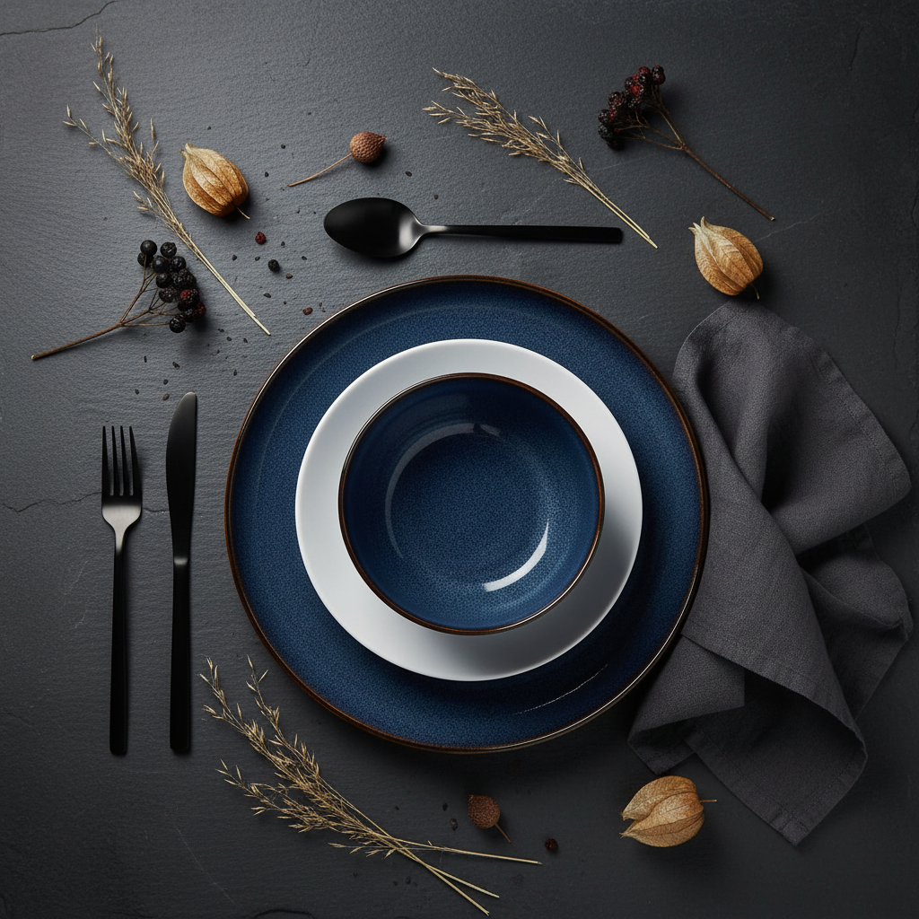 Overhead flat lay of Homezaza Love Story midnight blue reactive glaze place setting on slate