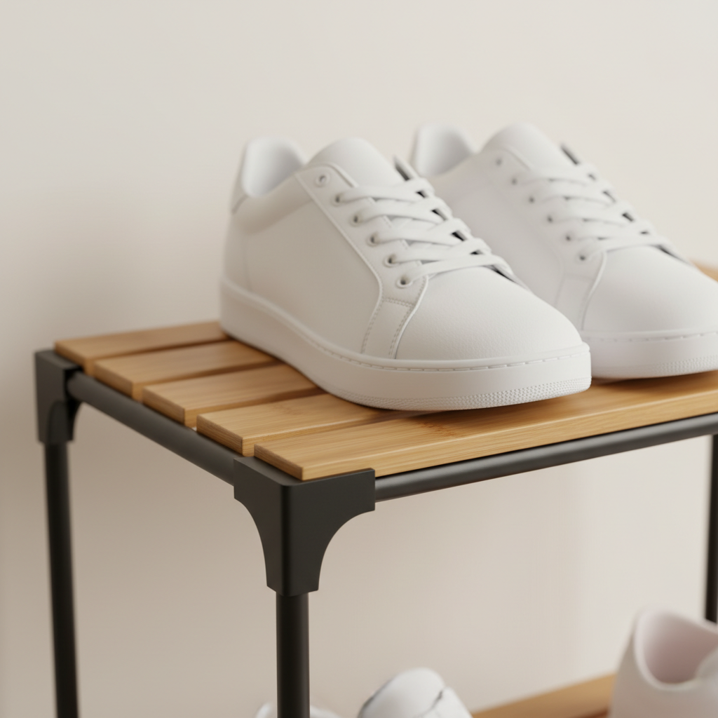 Close-up of natural bamboo slats and black metal frame with white sneakers