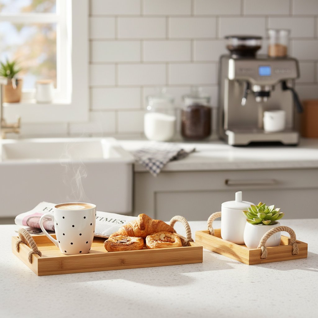 Danny Home bamboo tray set styled as coffee station on kitchen counter