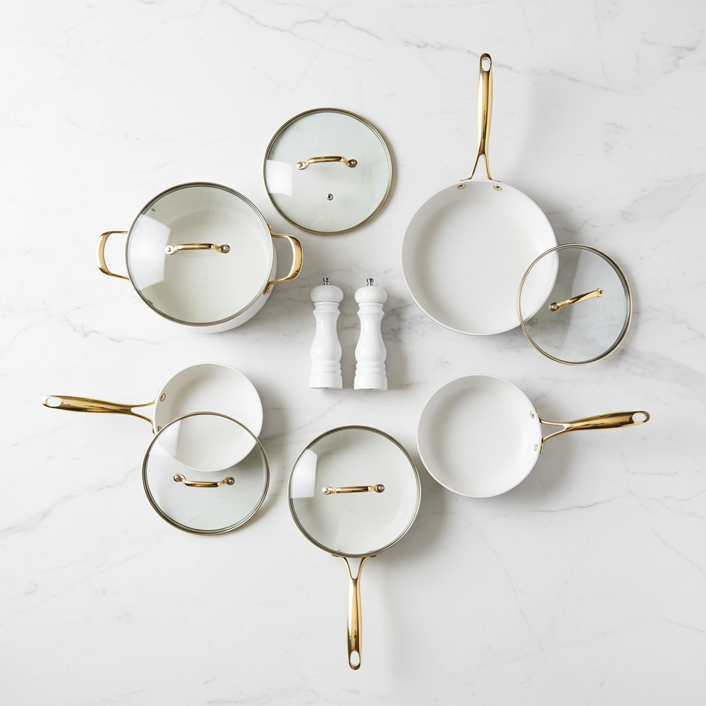 Overhead flat lay of complete white and gold 12-piece cookware set on marble