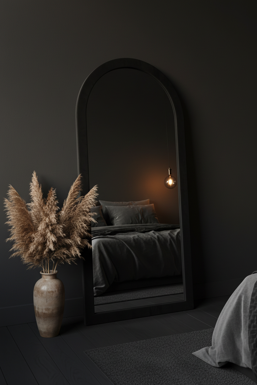 Arched black frame floor mirror in dark moody bedroom with dramatic editorial styling