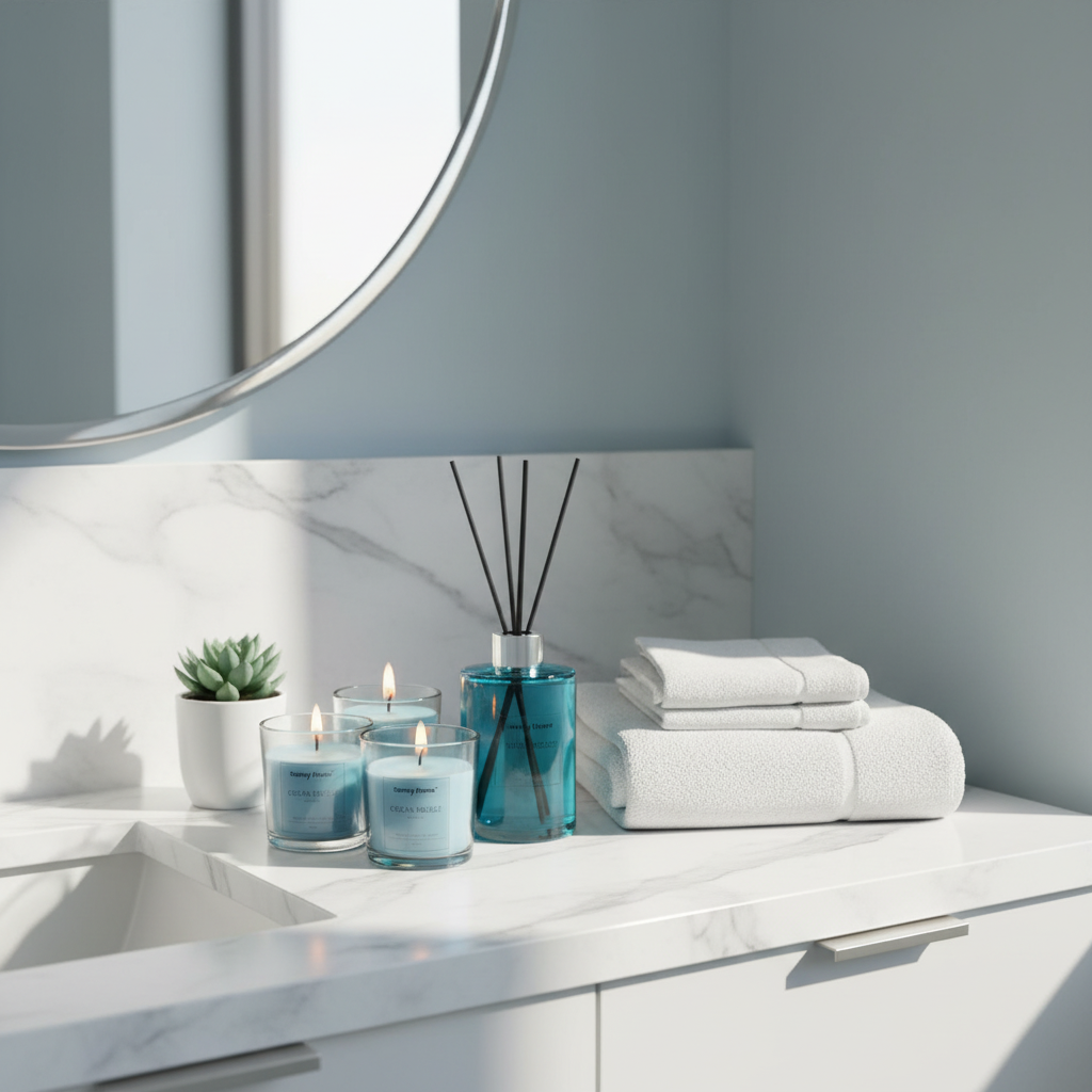 Danny Home Ocean Breeze candles lit on bathroom marble vanity beside teal reed diffuser