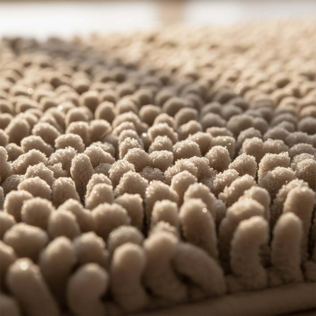 Close-up macro of ultra soft plush bath mat texture in linen beige