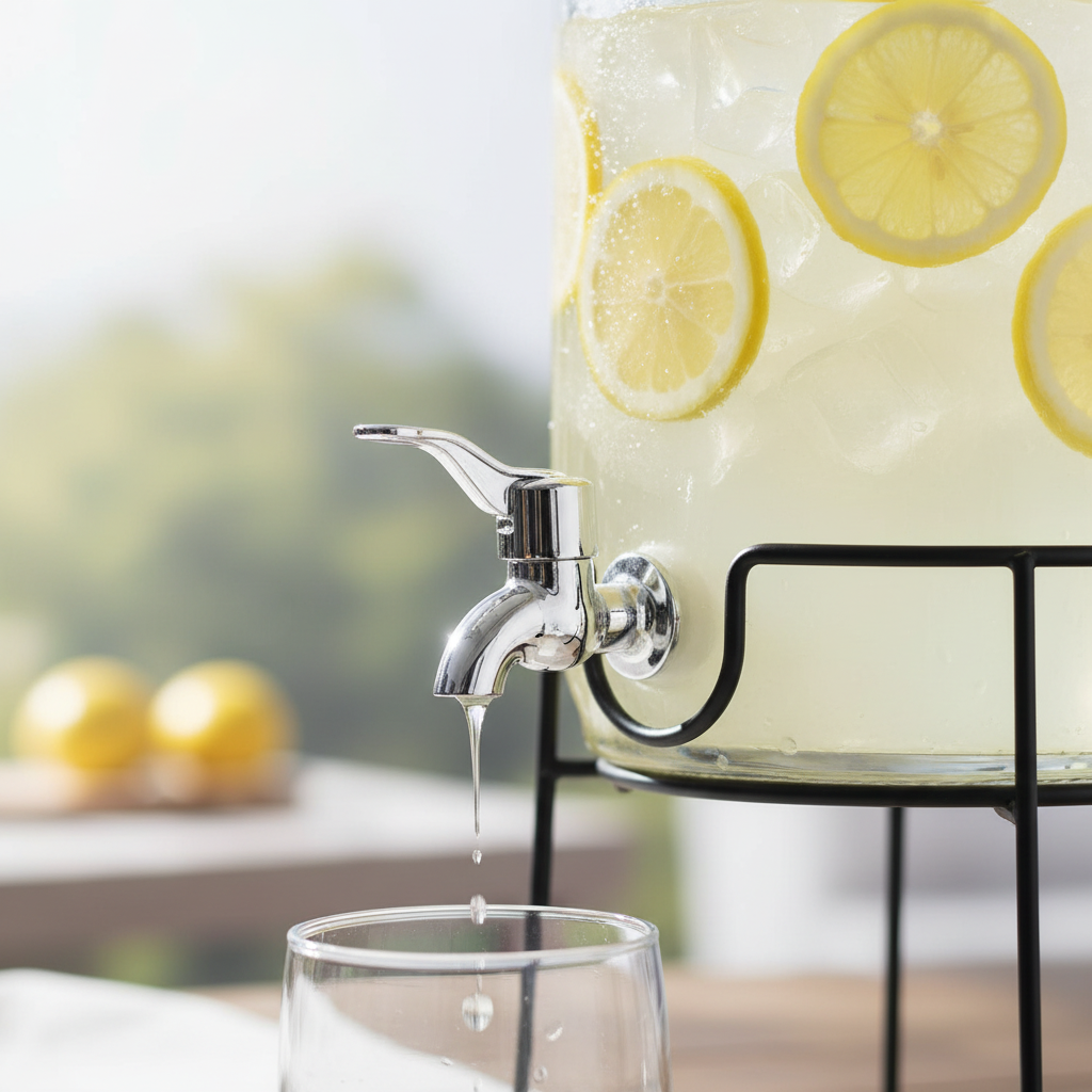 Close-up of drinks dispenser tap pouring lemonade into glass