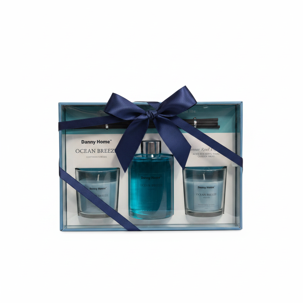 Danny Home Ocean Breeze luxury gift set in navy ribbon packaging box hero shot on white background