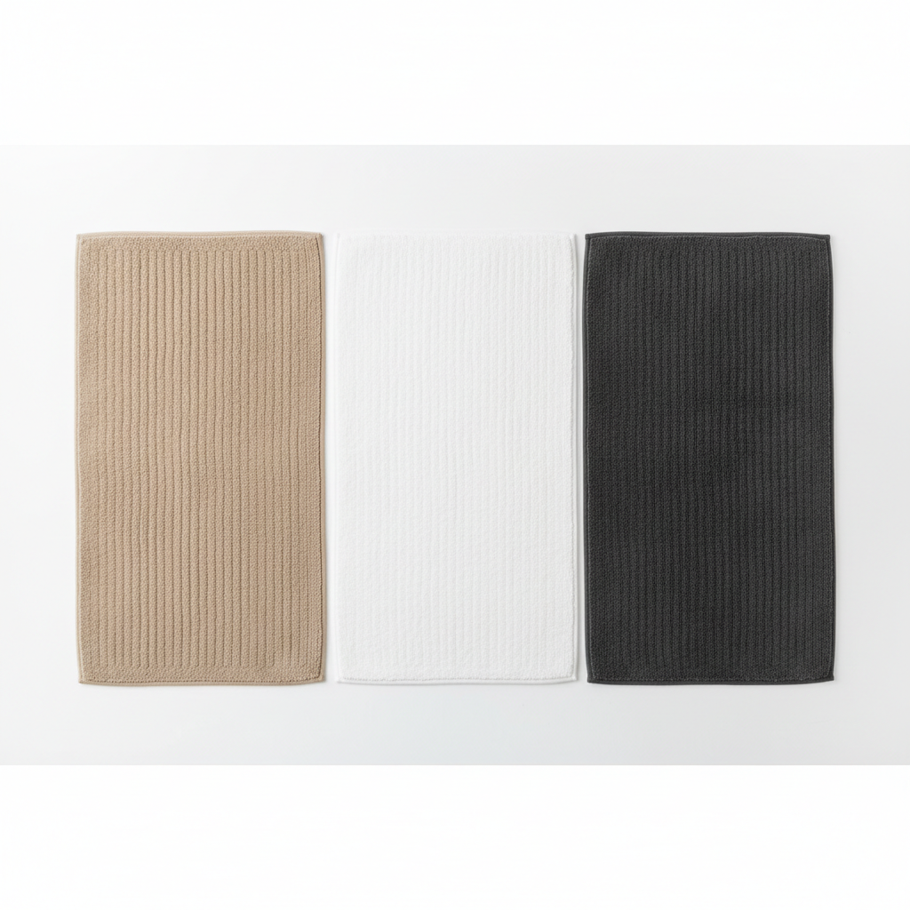 Three colour variants of bath mat in beige, white and charcoal flat lay