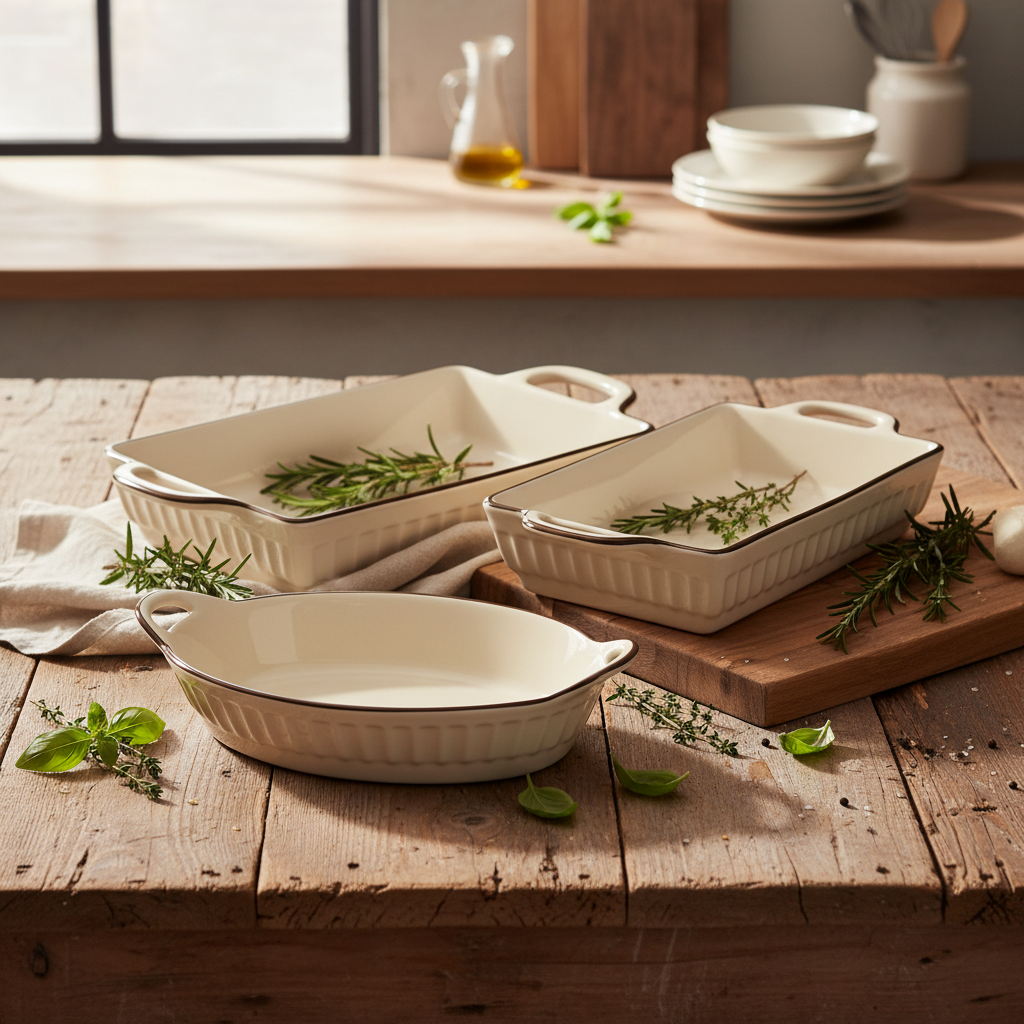 3-piece cream fluted ceramic bakeware set on rustic wooden kitchen table with herbs and linen