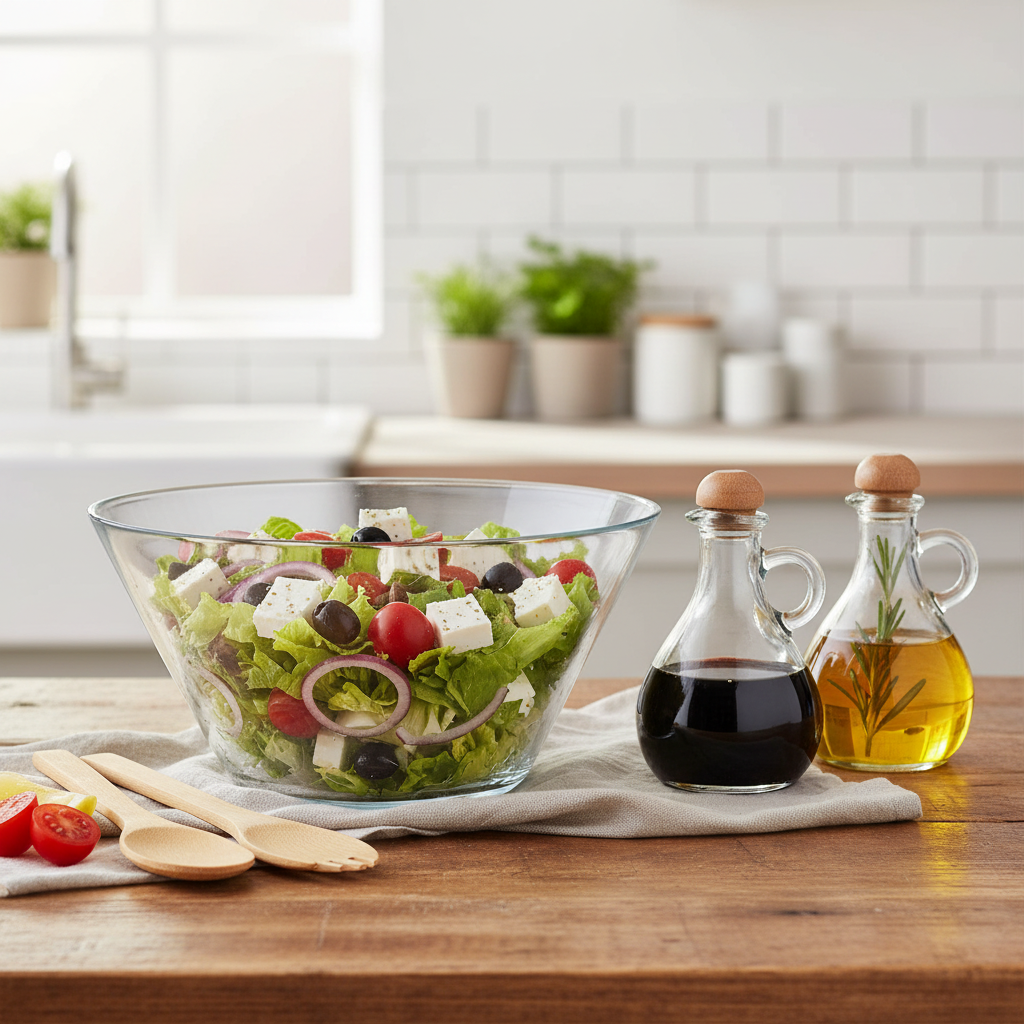 Glass salad bowl with Greek salad and oil vinegar bottles on kitchen table