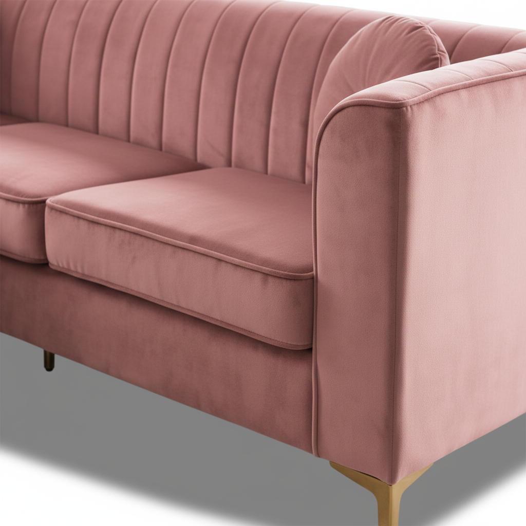 Blush pink velvet sofa close up showing channel tufting and gold legs