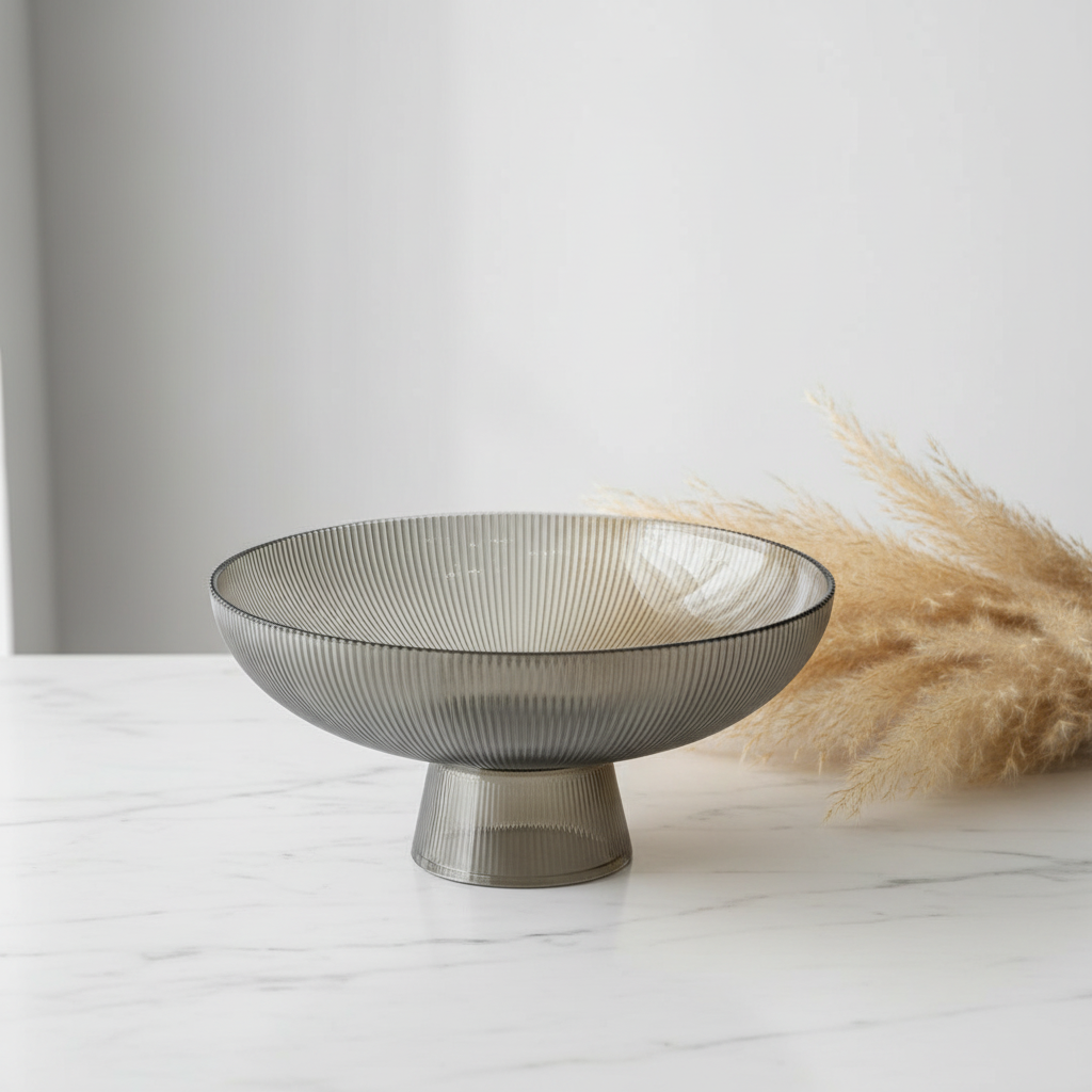Danny Home ribbed smoked glass pedestal fruit bowl empty styled with pampas grass on marble