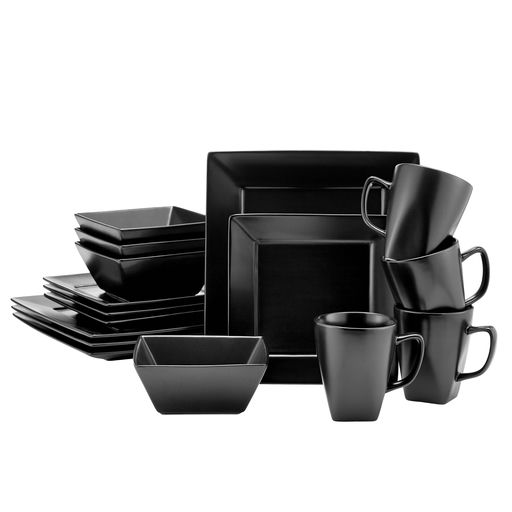 16-Piece Square Dinner Set in matte black including plates, bowls and mugs