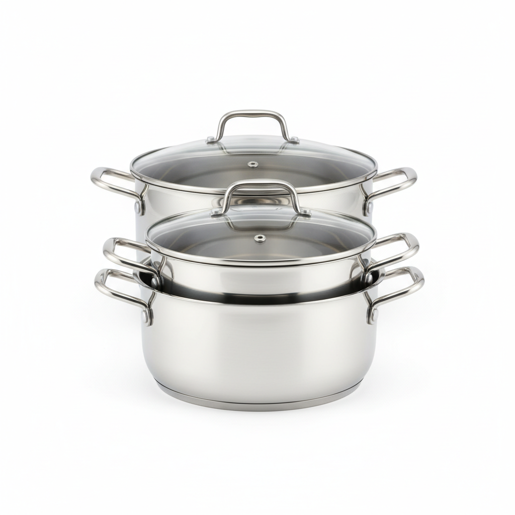 Hero studio shot of all 3 stainless steel casserole pots on white background