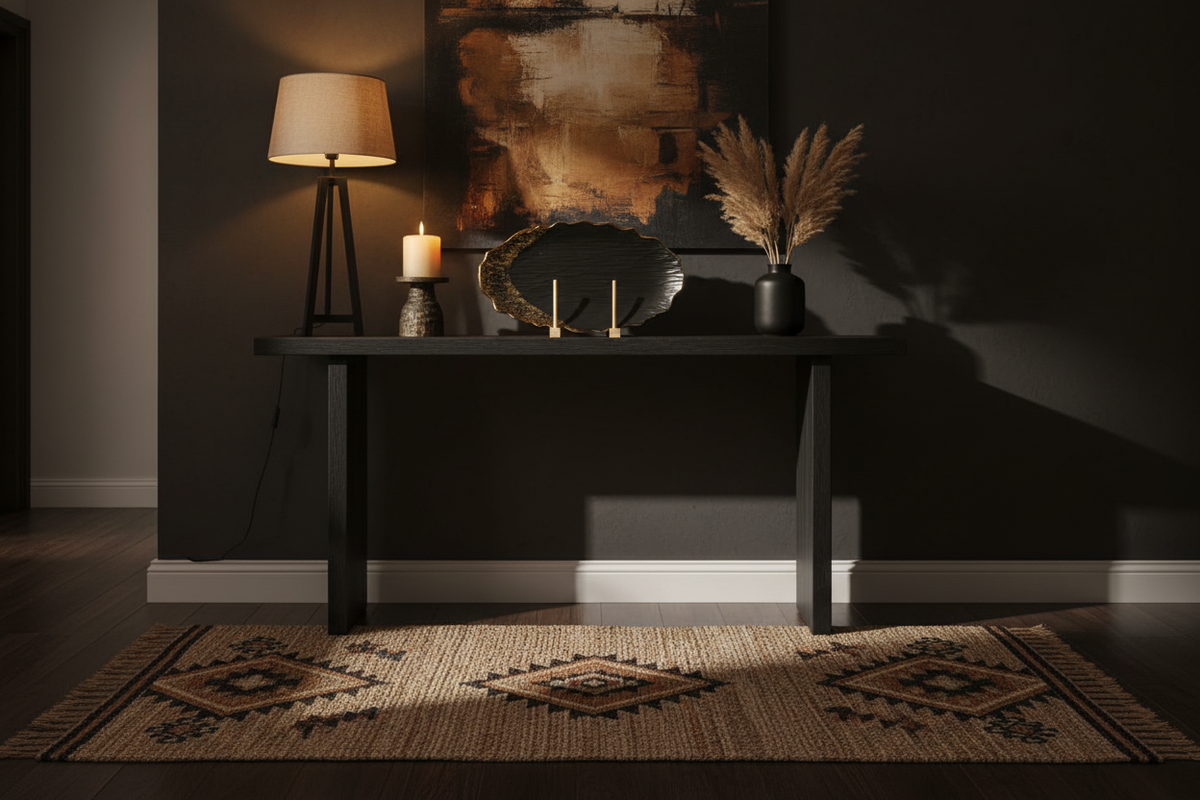Black and gold platter displayed on styled home interior sideboard