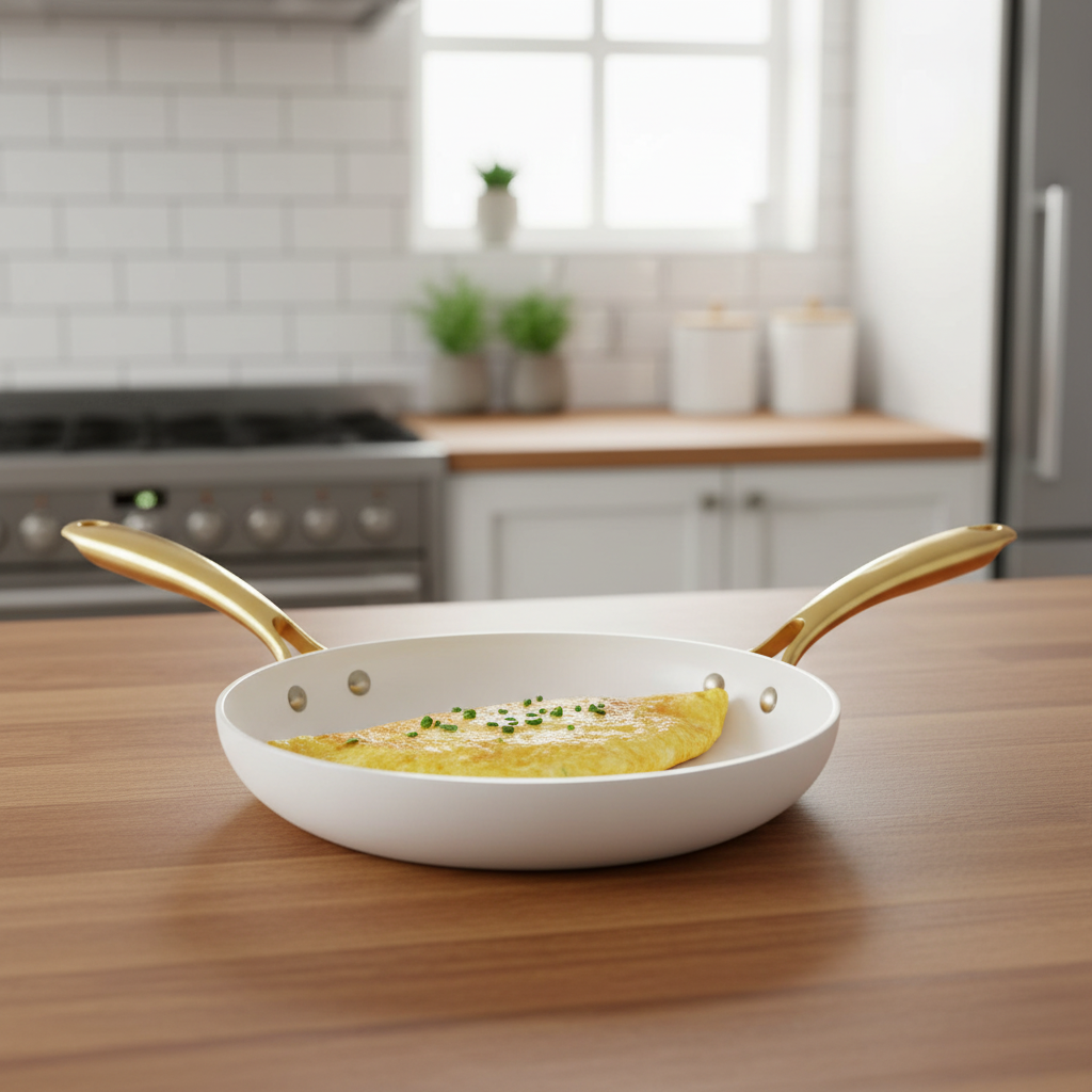 Close-up of white frying pan with gold handle and eggs cooking in ceramic interior