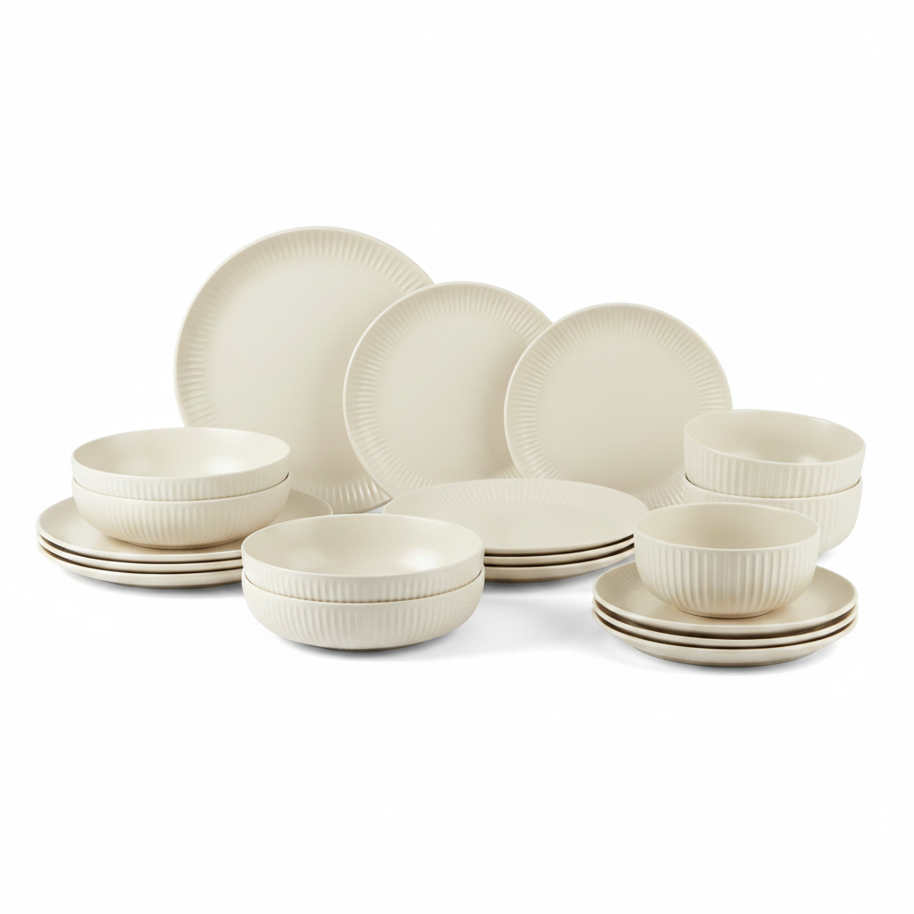 Full Danny Home 16-piece cream ribbed porcelain dinner set hero shot on white background