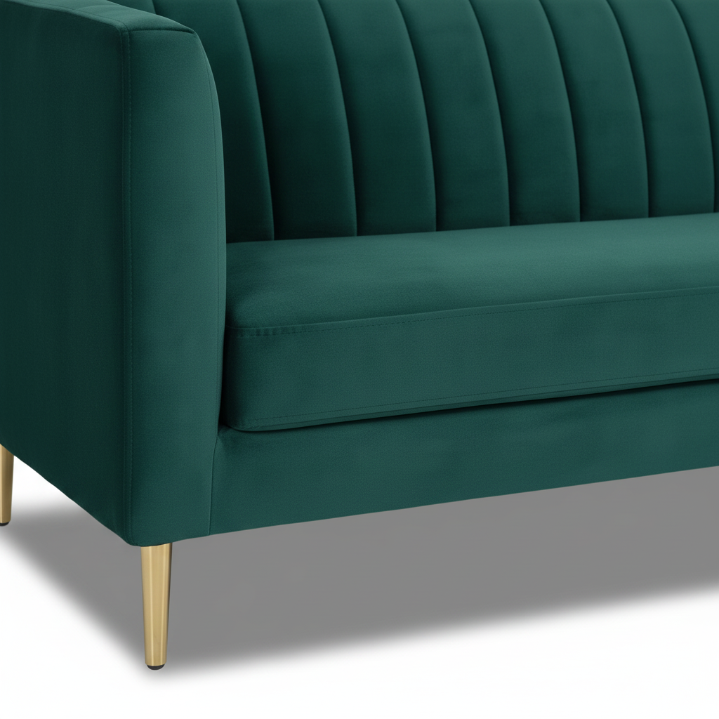 Emerald green velvet sofa close up showing channel tufting and gold legs