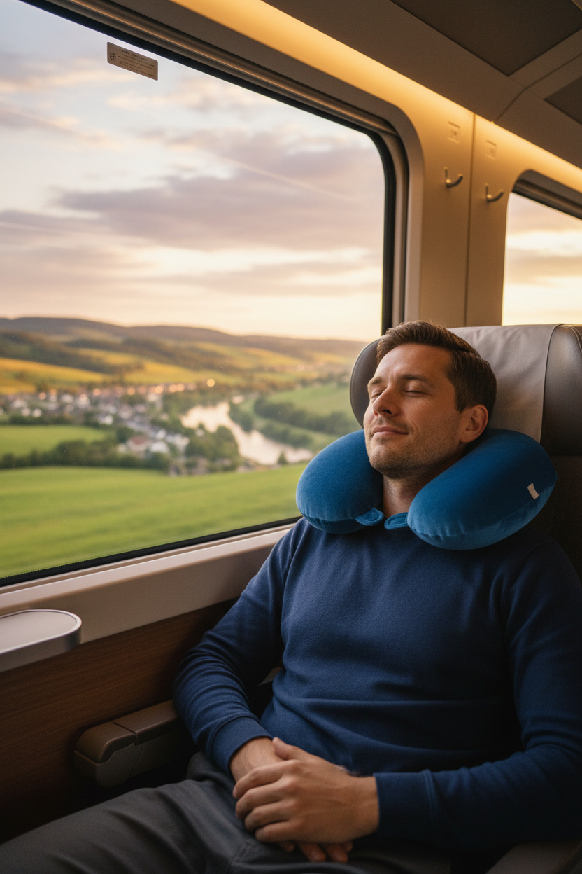 Man resting with blue travel neck pillow on scenic train journey