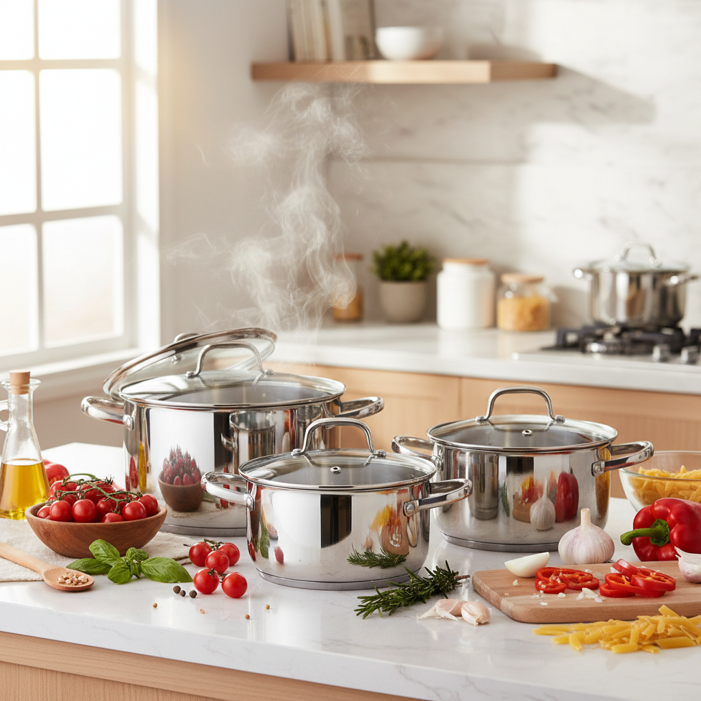 Three stainless steel pots on kitchen counter with fresh vegetables and steam