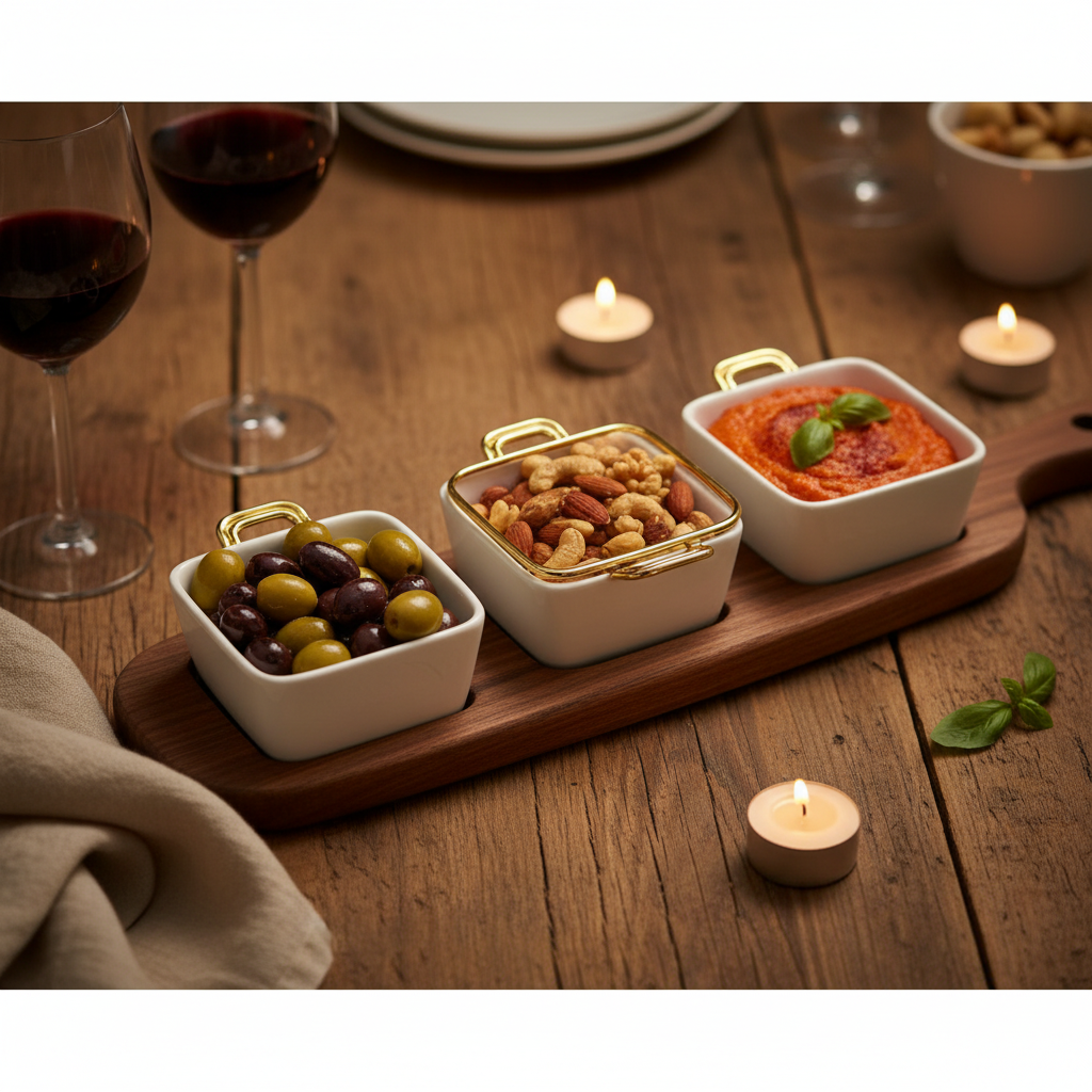 Acacia wood serving board with ceramic bowls filled with olives and dips on rustic table