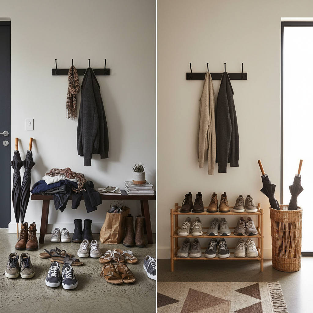 Full entryway hallway with bamboo shoe rack holding 12 pairs of shoes