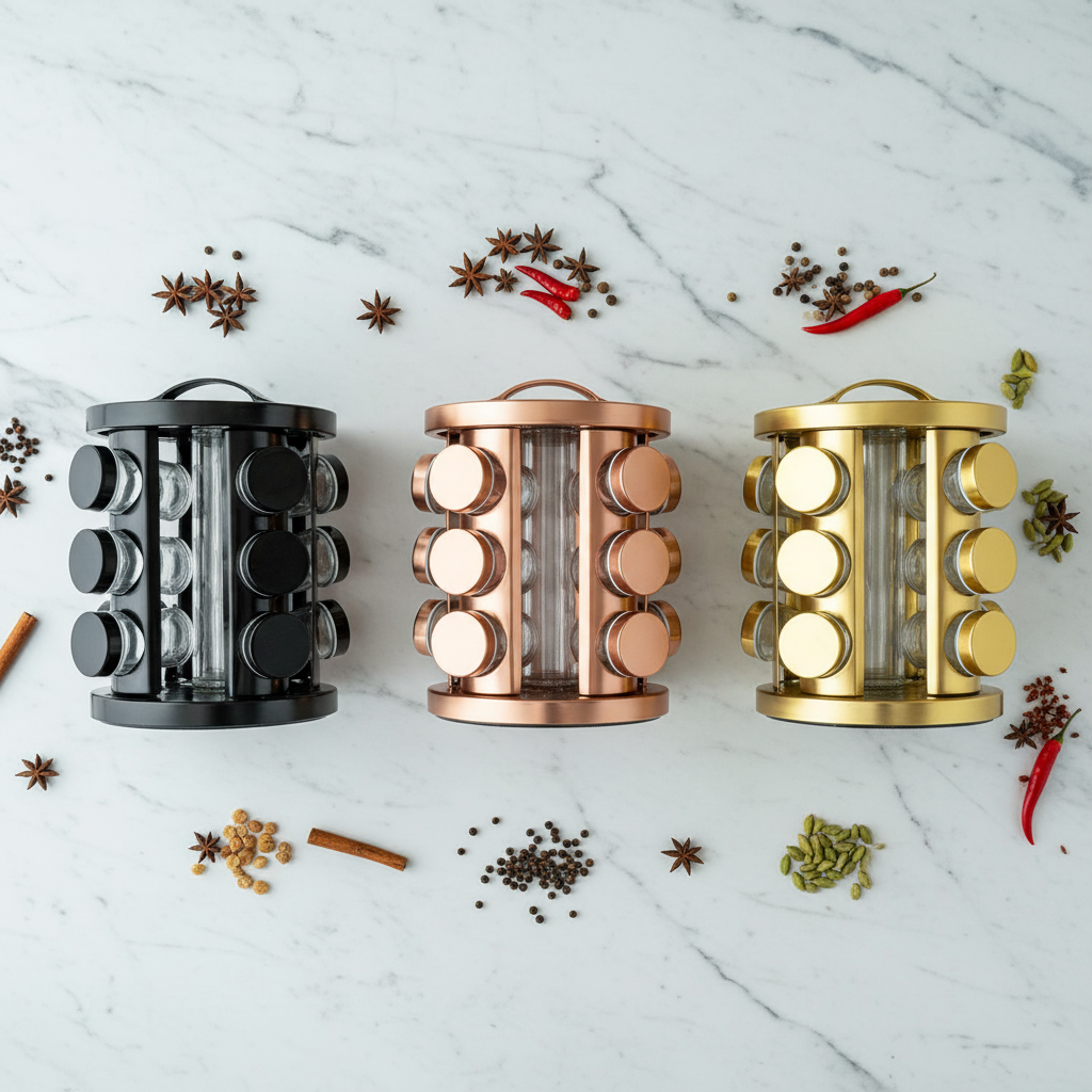 All three spice rack colour variants overhead comparison shot
